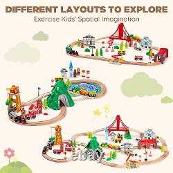 112-Piece Wooden Train Set for Toddler Double-Sided Train Tracks, Compatible w