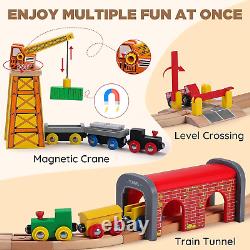 112-Piece Wooden Train Set for Toddler Double-Sided Train Tracks, Compatible w