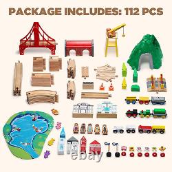 112-Piece Wooden Train Set for Toddler Double-Sided Train Tracks, Compatible w