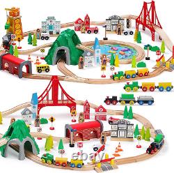 112-Piece Wooden Train Set for Toddler Double-Sided Train Tracks, Compatible w