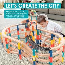 120Pcs Wooden Train Tracks Set, 398-inch Track Expansion, Toddler Railway Bri