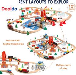 121PCS Wooden Train Set with Storage Bag Busy Port City Wooden Train Track Set