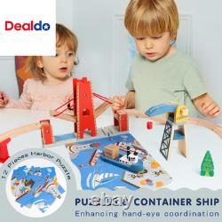 121PCS Wooden Train Set with Storage Bag Busy Port City Wooden Train Track Set