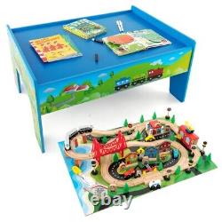 80 Pcs Kids Solid Wood Train Track Set & Table with Reversible Removable Tabletop