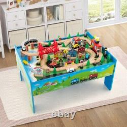 80 Pcs Kids Solid Wood Train Track Set & Table with Reversible Removable Tabletop