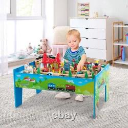 80 Pcs Kids Solid Wood Train Track Set & Table with Reversible Removable Tabletop