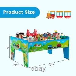 80 Pcs Kids Solid Wood Train Track Set & Table with Reversible Removable Tabletop