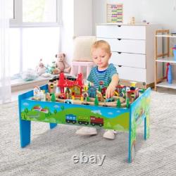 80PCS Toddlers Wooden Train Track Table Set 2-in 1 Reversible Tabletop Gift Kids