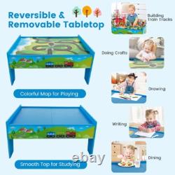 80PCS Toddlers Wooden Train Track Table Set 2-in 1 Reversible Tabletop Gift Kids