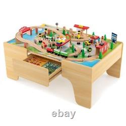 84-Pcs Kids Solid Wood Train Track Set, Reversible Detachable Tabletop with Drawer