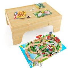 84-Pcs Kids Solid Wood Train Track Set, Reversible Detachable Tabletop with Drawer