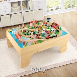 84-Pcs Kids Solid Wood Train Track Set, Reversible Detachable Tabletop with Drawer