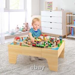 84-Pcs Kids Solid Wood Train Track Set, Reversible Detachable Tabletop with Drawer