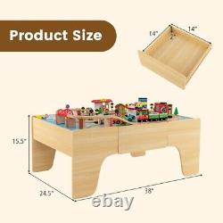 84-Pcs Kids Solid Wood Train Track Set, Reversible Detachable Tabletop with Drawer