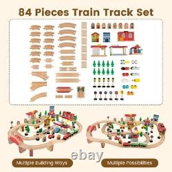 84-Pcs Kids Solid Wood Train Track Set, Reversible Detachable Tabletop with Drawer