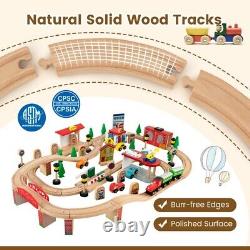 84-Pcs Kids Solid Wood Train Track Set, Reversible Detachable Tabletop with Drawer