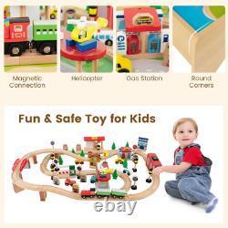 84-Piece Wooden Train Set with Reversible and Detachable Tabletop