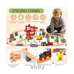 86pcs Wooden Train Set with Crane, Wooden Train Track Set Railway Kits Fits T