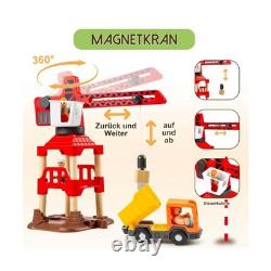 86pcs Wooden Train Set with Crane, Wooden Train Track Set Railway Kits Fits T