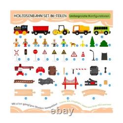 86pcs Wooden Train Set with Crane, Wooden Train Track Set Railway Kits Fits T