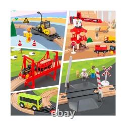 86pcs Wooden Train Set with Crane, Wooden Train Track Set Railway Kits Fits T