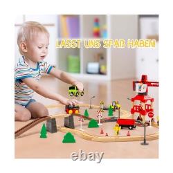 86pcs Wooden Train Set with Crane, Wooden Train Track Set Railway Kits Fits T