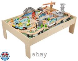 Amazon Basics 120 Piece Wooden Train Set with Table, Sturdy Tracks and Storag