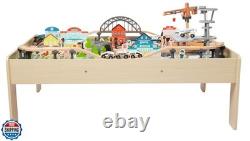 Amazon Basics 120 Piece Wooden Train Set with Table, Sturdy Tracks and Storag