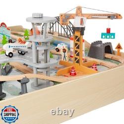 Amazon Basics 120 Piece Wooden Train Set with Table, Sturdy Tracks and Storag