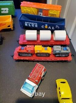 Box Lot Of Ho Scale Tyco Train Cars & Locomotive Track Rails + Misc Die Cast