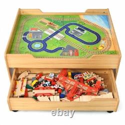 Costway Kids Wooden Train Track Railway Set Table with 100 Pieces Storage Drawer