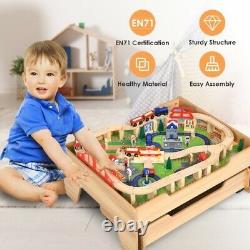 Costway Kids Wooden Train Track Railway Set Table with 100 Pieces Storage Drawer