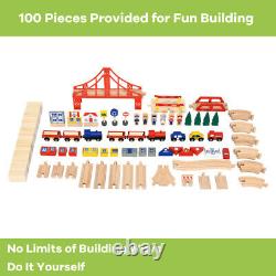 Gymax Wooden Kids Train Track Railway Set Table With100 Pieces Storage Drawer