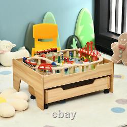 Gymax Wooden Kids Train Track Railway Set Table with100 Pieces Storage Drawer