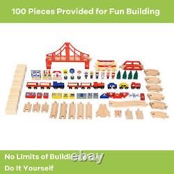 Gymax Wooden Kids Train Track Railway Set Table with100 Pieces Storage Drawer
