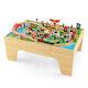 Kids Wooden Train Table Set 84 Pcs Playset With Reversible Tabletop Storage Drawer