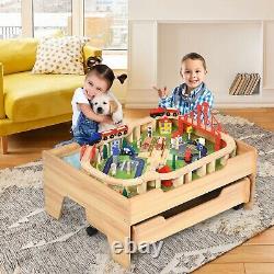 Kids Wooden Train Track Railway Set Table with 100 Pieces Storage Drawer