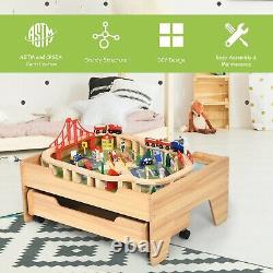Kids Wooden Train Track Railway Set Table with 100 Pieces Storage Drawer