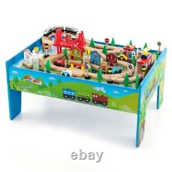 Kids Wooden Train Track Set and Table 80 PCS 2-in-1 Reversible Tabletop