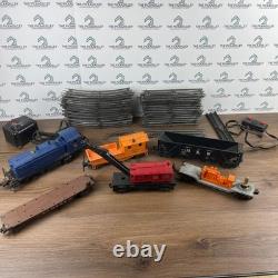Lionel Electric Train Set Lot Blue Locomotive Red Crane Jersey Central with Tracks