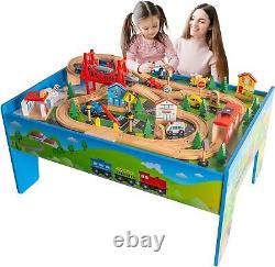 Multicolor Wooden Train Track Railway Buildings City Table Toy Set For Kids