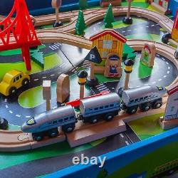 Multicolor Wooden Train Track Railway Buildings City Table Toy Set For Kids