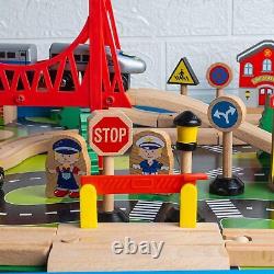 Multicolor Wooden Train Track Railway Buildings City Table Toy Set For Kids