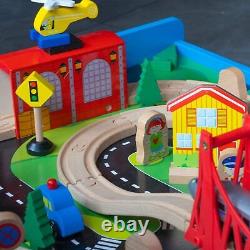 Multicolor Wooden Train Track Railway Buildings City Table Toy Set For Kids