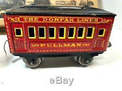 Vintage Dorfan Train Set, 5 cars, windup engine needs repair, track, box, no key