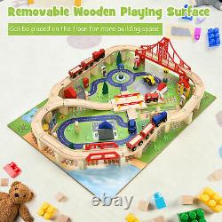 Wooden Kids Train Track Railway Set Table with100 Pieces Storage Drawer