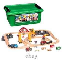 Wooden Track Train Set 54-Pieces Battery-Powered Engine 3 Cranes Bridge Tru
