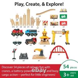Wooden Track Train Set 54-Pieces Battery-Powered Engine 3 Cranes Bridge Tru
