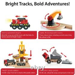Wooden Track Train Set 54-Pieces Battery-Powered Engine 3 Cranes Bridge Tru
