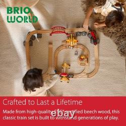Wooden Track Train Set 54-Pieces Battery-Powered Engine 3 Cranes Bridge Tru
